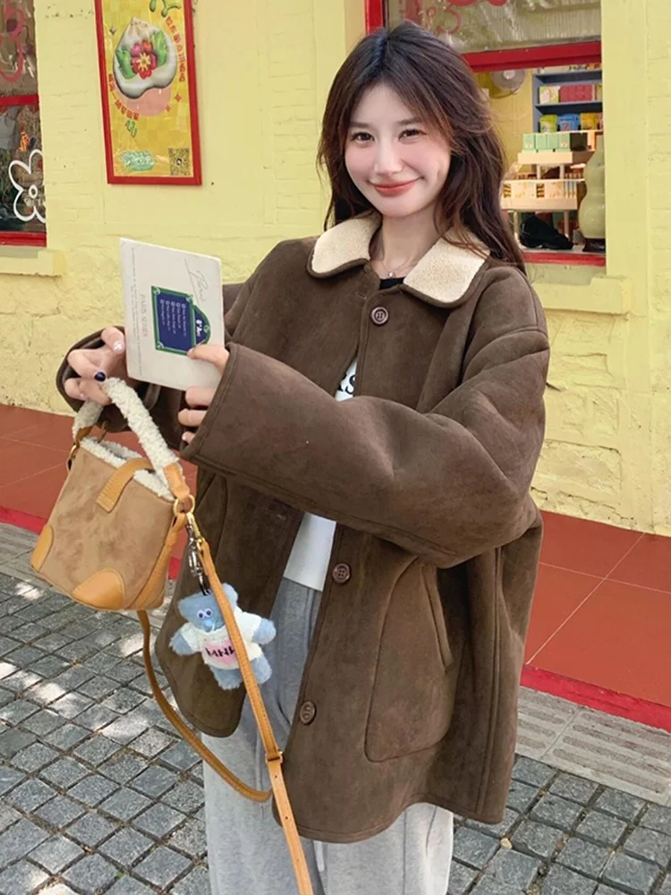 Damski płaszcz z owczej skóry i futra, dwustronny, zimowy, w stylu vintage, z ciepłym kołnierzem, skórzano-futrzany, zapinany na guziki, długi...