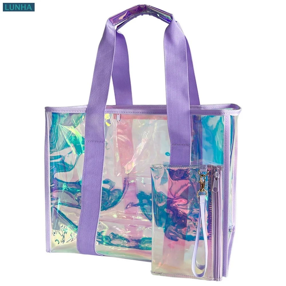 

Пляжная сумка-тоут, прозрачная, переливающаяся, водонепроницаемая, для лета, пляжа, бассейна, путешествий, шопинга, с отстегивающимся ремешком на запястье