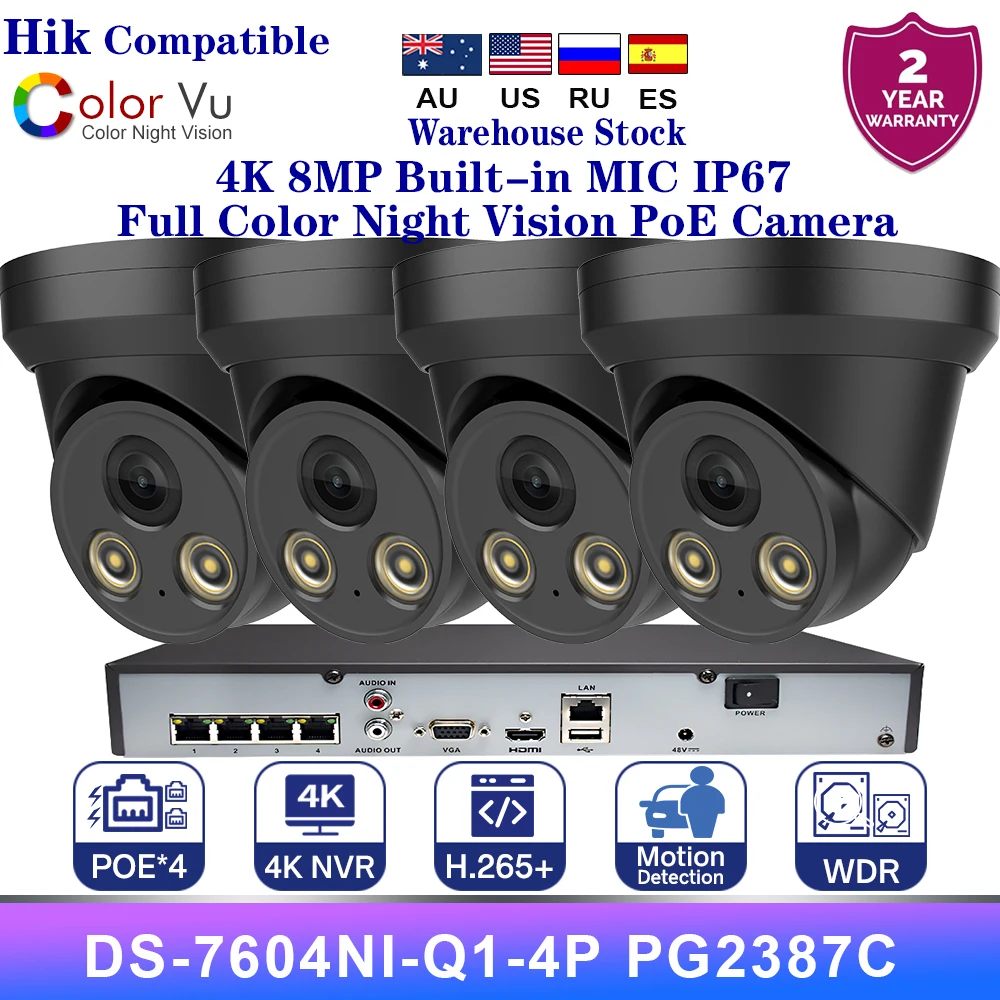 4PCS 8MP Hikvision Compatible 4K ColorVu IP Camera Onvif Build in MiC PoE Security CCTV Camera 1PCS 4CH 4POE NVR Kits