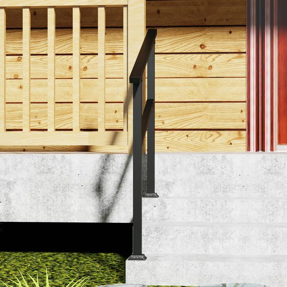 36 Zoll. H x 3,3 Fuß B Schienensatz aus schwarzem Eisen für Außenstufen, passend für 2- oder 3-stufige Treppengeländer in Schwarz