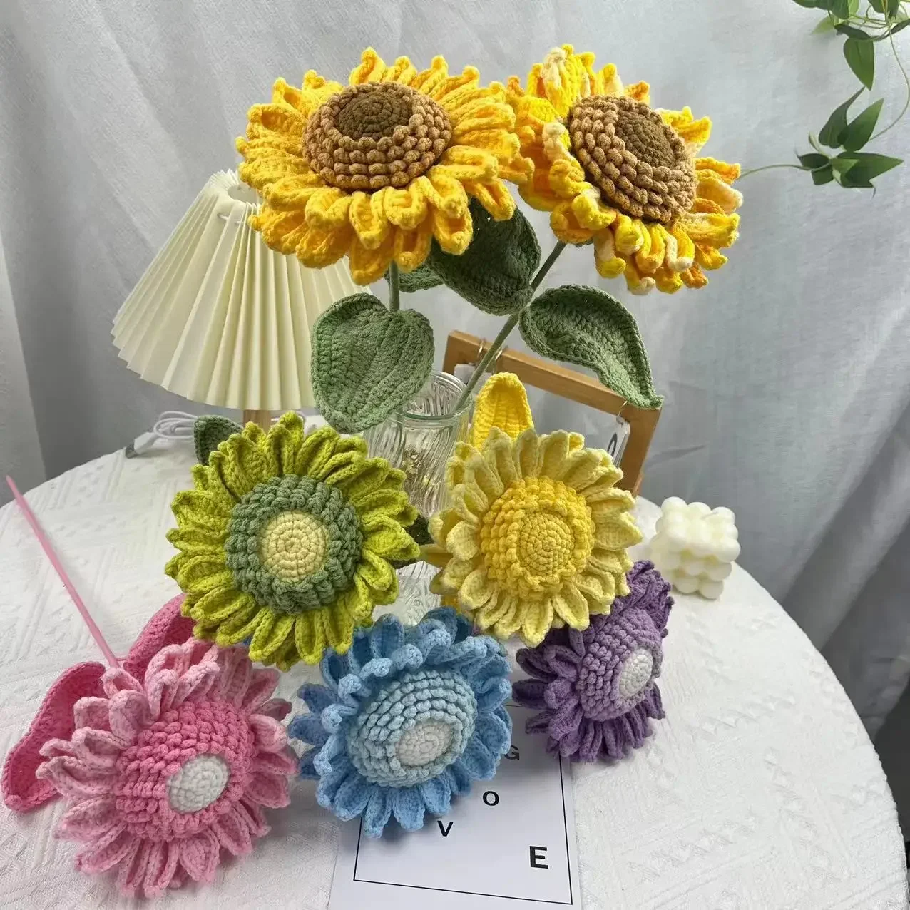 

Handmade Knitted Sunflower Branch Bouquet Flower Wool Crochet Flower Bouquet Gift For Home Vase Wedding Decoration Wholesales