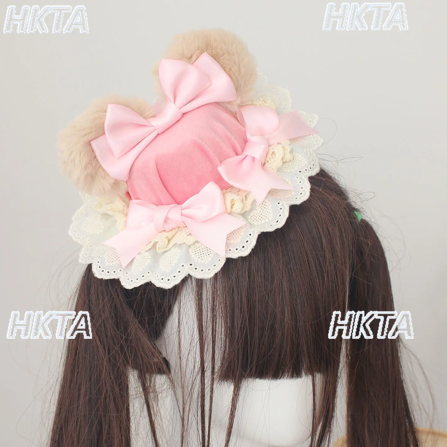 Chapeau bob original fait main, motif ours de dessin animé mignon, rose et vert, avec oreilles d'ours, petit chapeau Lolita pour filles, petit chapeau mignon, costume de cosplay