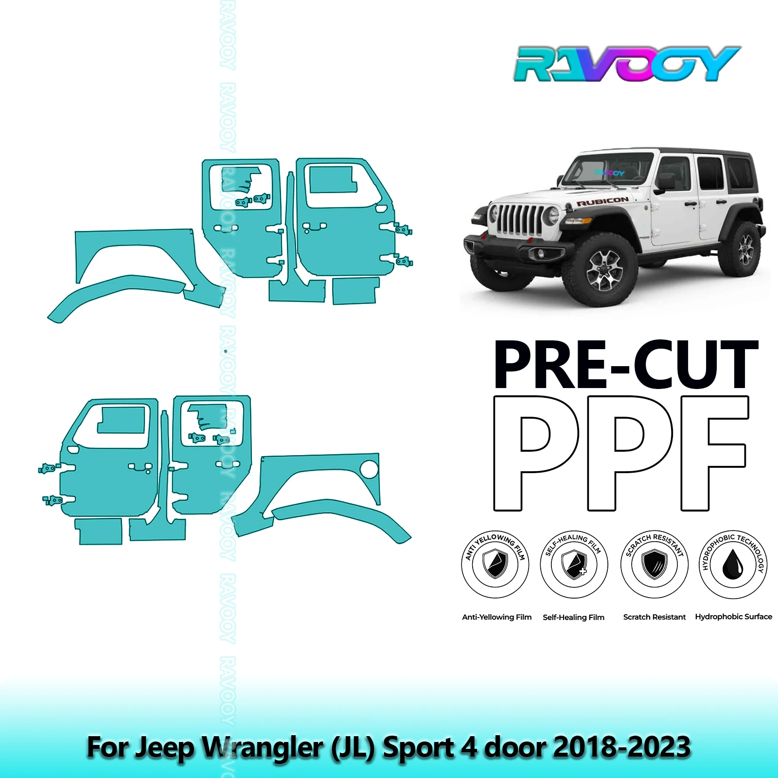 

For Jeep Wrangler (JL) Sport 4 door 2018-2023 8.5mil Clear Matte Pre-Cut PPF Door & A/B Pillar Kit TPU Paint Protection Film Set