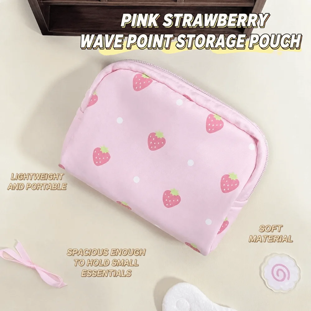 Multi-Purpose Strawberry Polka Dot Print Makeup Bag Large Capacity Portable Travel Wash Bag Toiletry Bag