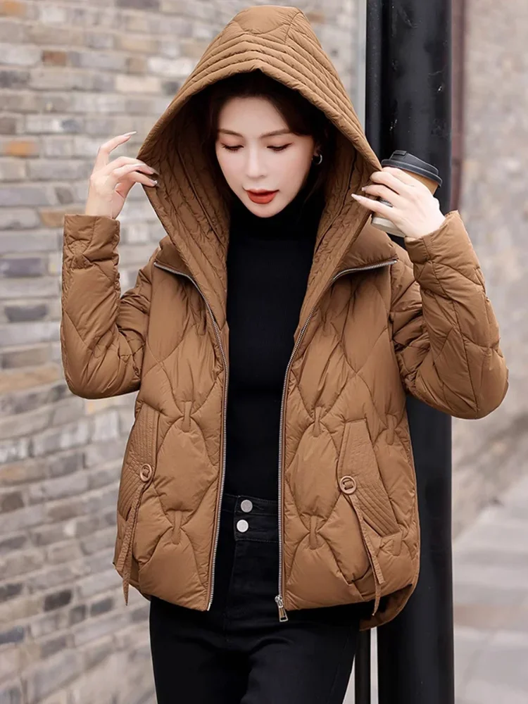 Chaqueta de plumón de pato con capucha para mujer, abrigo corto, suelto, informal, cálido, blanco, ropa de invierno