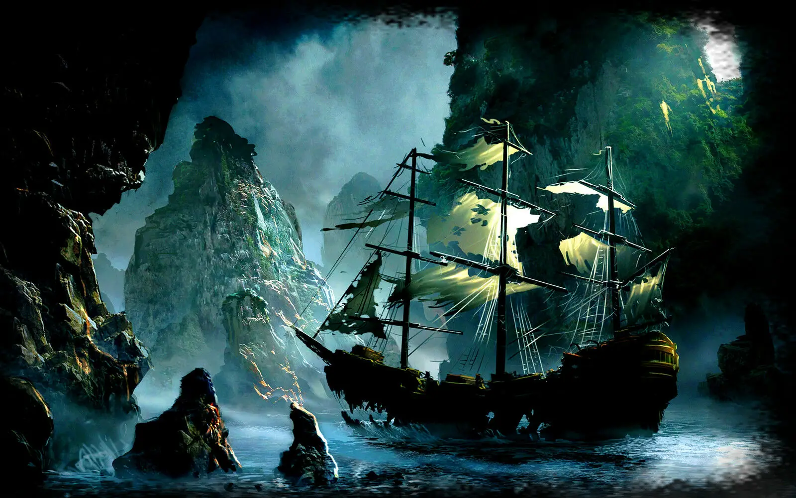 

Weather Battered Pirate Ship in a Cave, Art Picture Print Silk Poster, Home Wall Decor