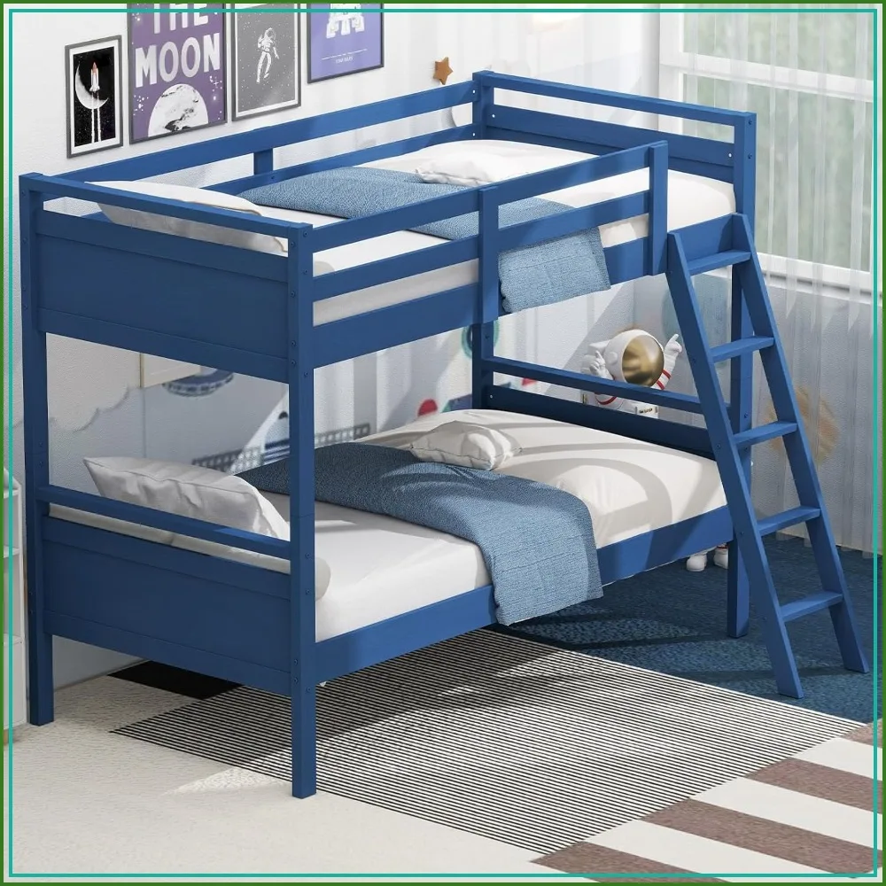Cama Beliche Dupla para Crianças, Madeira Sólida, Guarda-Corpos de Segurança, Converte em 2 Camas, Azul Marinho