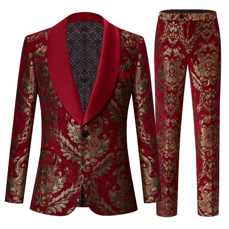 

Lansboter Red Men Suit 2 Pieces Golden Pattern With Lapel Business Casual For Wedding Groom Banquet Set Jacket With Pants