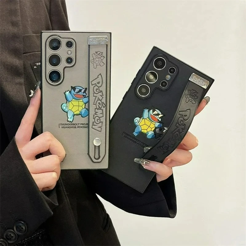 Cartoon Squirtle Leder Textur Laser Mit Armband Telefon Fall Für Samsung Galaxy S25 S24 S23 S22 Ultra Plus Stoßfest Abdeckung