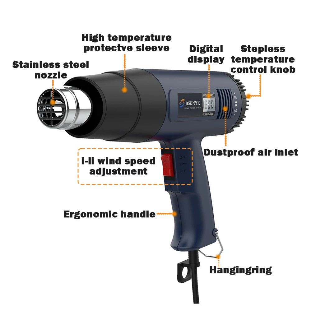 Construction Hair Dryer With Lcd 2000W Shrink Display Heat Gun 110v 220V Thermal Gun Powerful Thermal Blower Mini Hot Air Gun