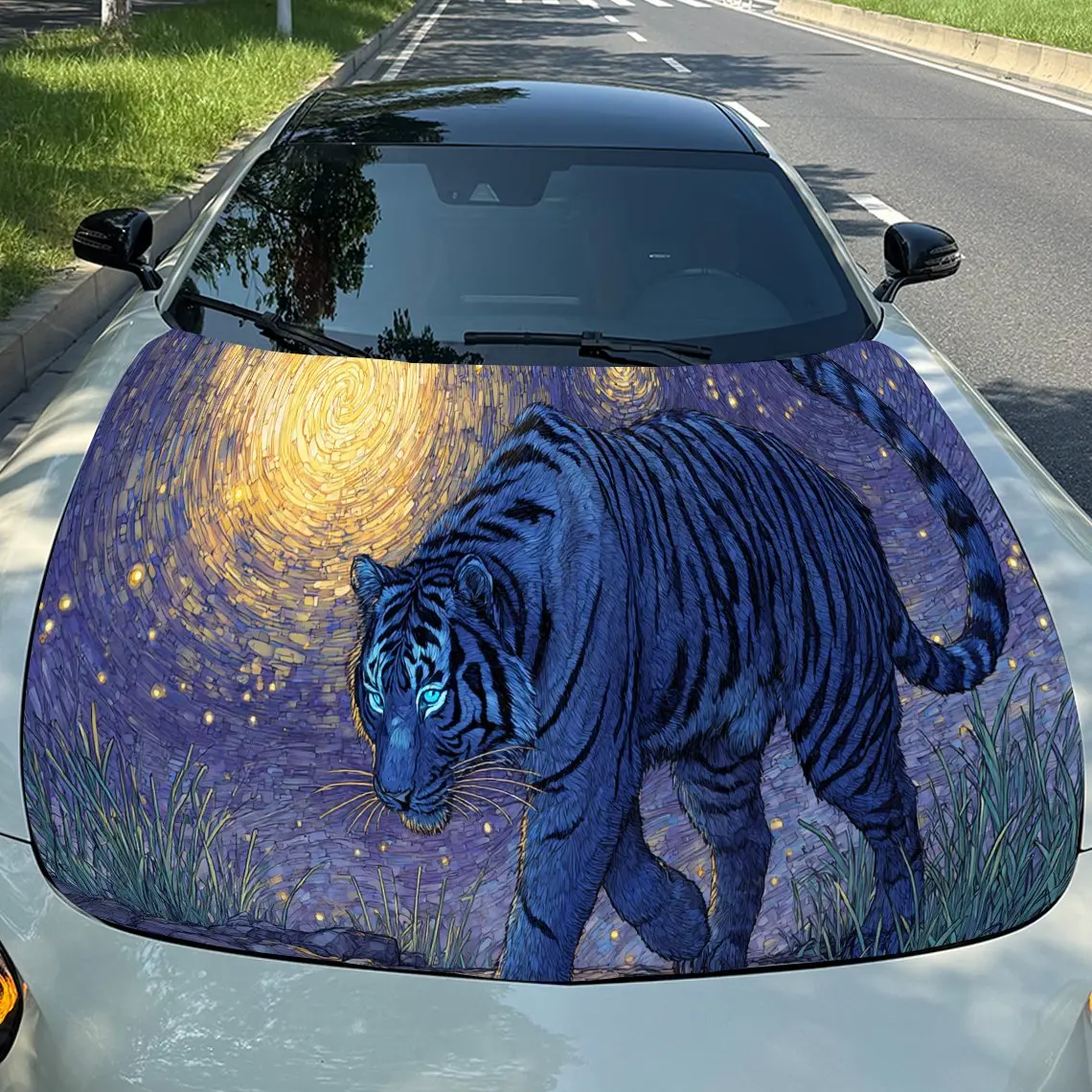 

Magic Night Blue Eye Tiger PVC Car Hood Wraps, Self-Adhesive Waterproof Car Bonnet Decal Sticker, Car Decoration Protection Stic