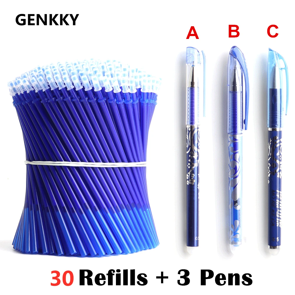 30+3 Pcs/Set 0.5mm Blue Black Ink Gel Pen Erasable Refill Rod Erasable Pen Washable Handle School Writing Stationery Gel Pens