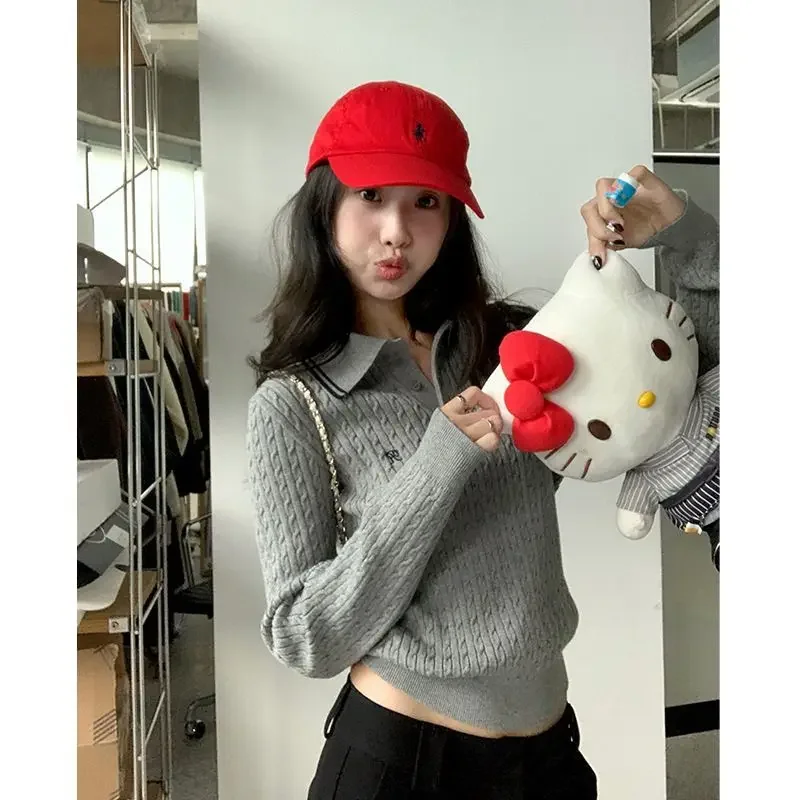 Deeptown Vintage Embroidery Polo Sweaters Women Korean  Preppy Style Knitted Pullover Old Money Long Sleeve Gray Jumpers Classic