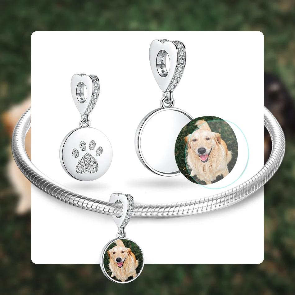 ELESHE-925 Sterling Silver Round Dangle Charme, Foto personalizada Bead, Pet, Gato, Cão, Se Encaixa Pulseira Original, DIY Jóias Personalizadas