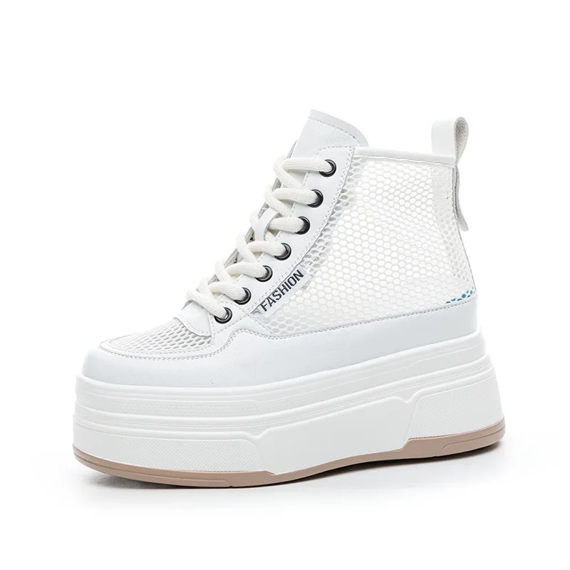 

8.5cm Air Mesh Genuine Leather Women Boots Summer Motorcycle Sandals Hollow Ankle Booties Women Moccasins Fashion Sports Shoes