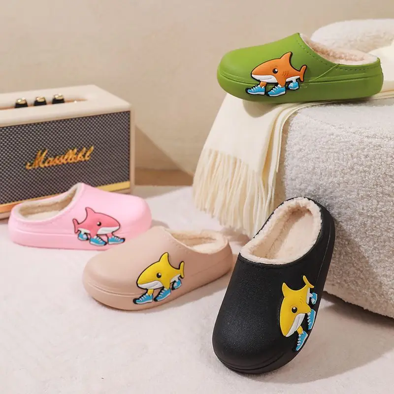 

Kids Winter Warm Slippers Cartoon Animal Design Plush Lined Indoor Outdoor Non Slip Waterproof Soft Sole Children's Cotton Shoes