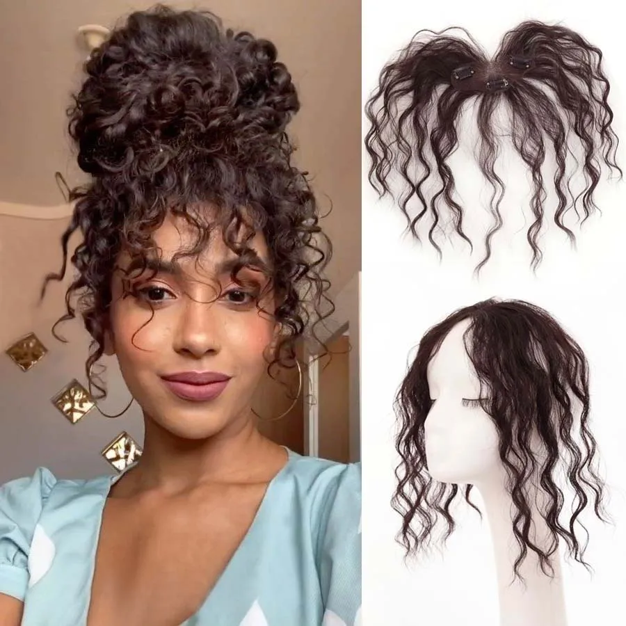 

Synthetic 3clips in hand woven lace hairnet forehead wool curly bangs in fake hairpieces add bangs cover white hairhair volum