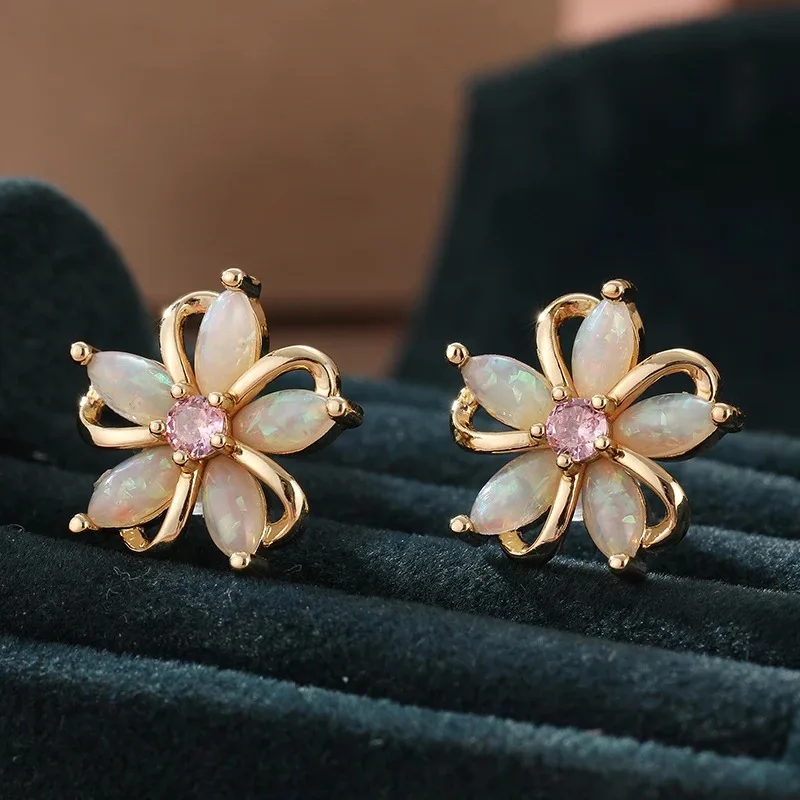 1pair Shine Charm Synthetic Opal Treasure Flower Dainty Stud Earrings Women's Jewelry Daily Wear Gift for Parties and Holidays