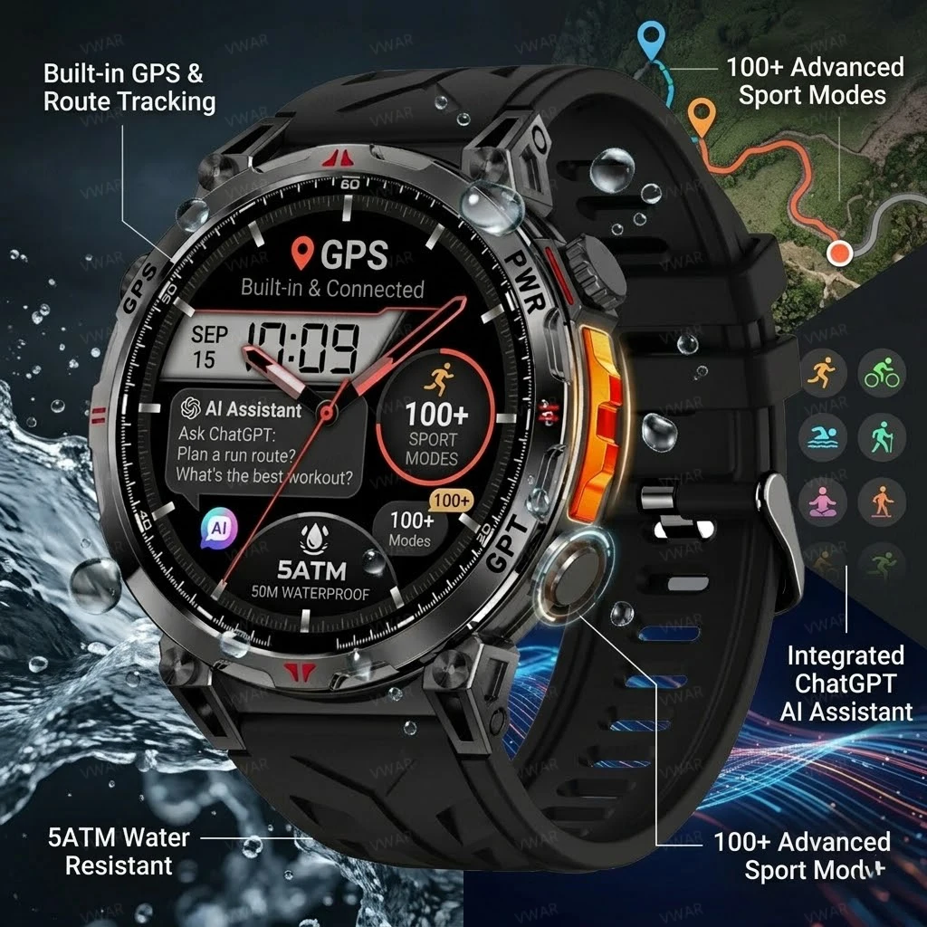 

Новые военные смарт-часы 2026 года с GPS, AMOLED-экраном 1,56 дюйма, водонепроницаемостью 10ATM, Bluetooth-звонками, поддержкой ChatGPT, спортивные смарт-часы для мужчин