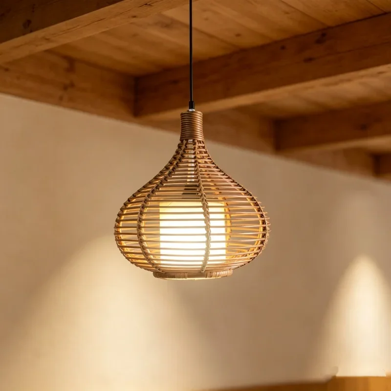 Handwoven Rattan Wicker Lampshade Boho Ceiling Light Cover Studio Photo Shooting Prop Home Interior Hanging Lamp Decor Accessory
