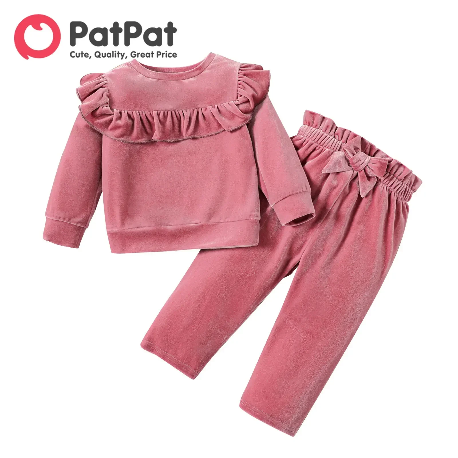 PatPat 2pcs Baby Girl Pink Velvet Ruffle Trim Long-sleeve Top and Bow Front Pants Set Perfect for Outings and Daily Wear