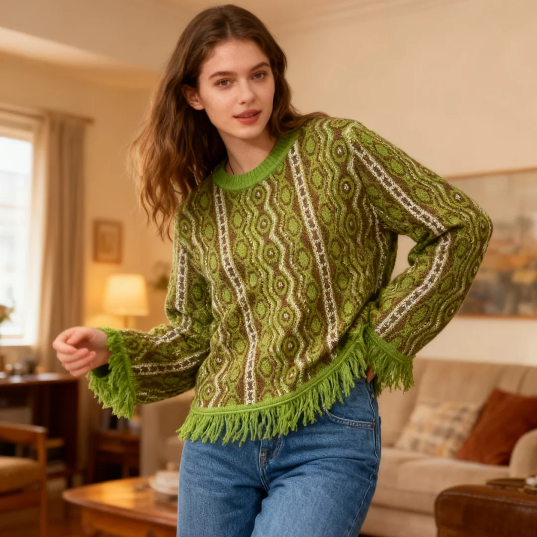 

Green Christmas Home Wear Casual Round-neck with Contrasting Jacquard Sweater Warm Winter Clothing Gifts for Women