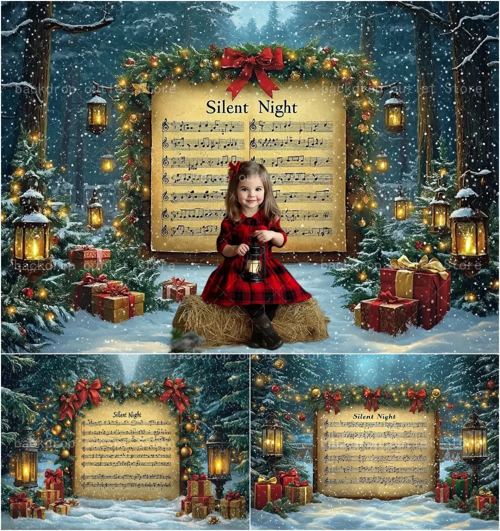 الشتاء حفلة عيد الميلاد ديكور خلفية البيانو النتيجة ندفة الثلج هدايا الاطفال الأسرة صورة التصوير خلفية استوديو الصور
