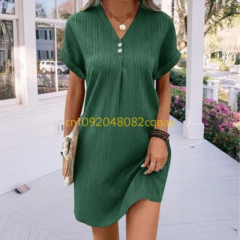 Summer Dresses for Women Casual Button V Neck Short Sleeve Tunics Trendy A Line Ribbed Mini Work T Shirt Dress