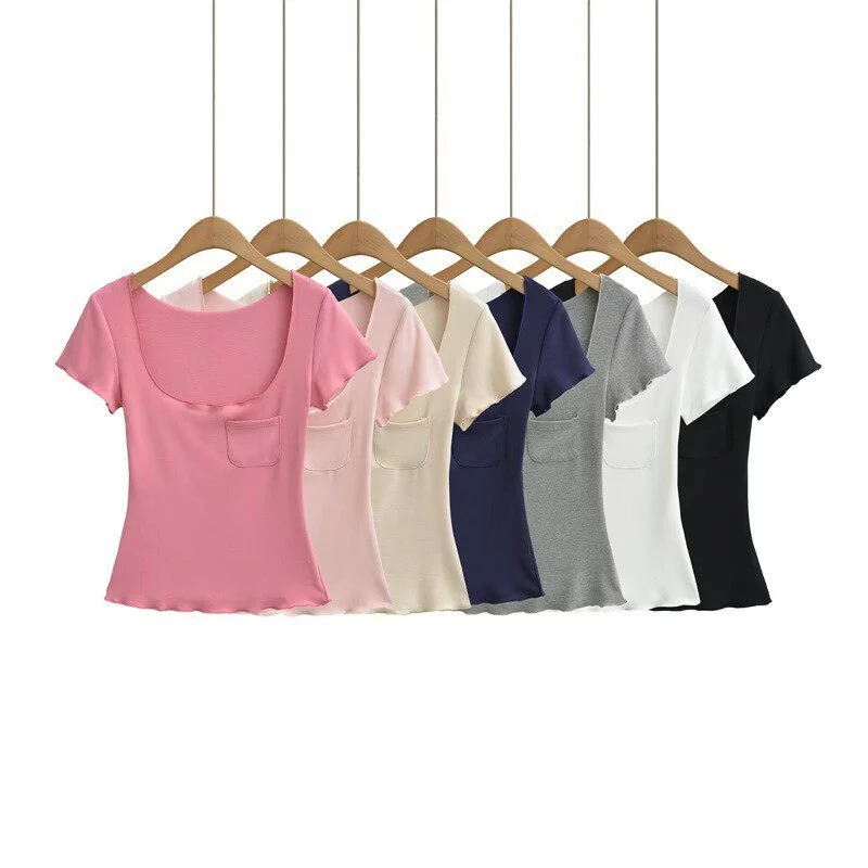 Elastic Short Sleeve T-Shirt Women's Low Chest U-Neck Pure Desire Ceiling Large Collar Slim Fit Casual Top with Pocket