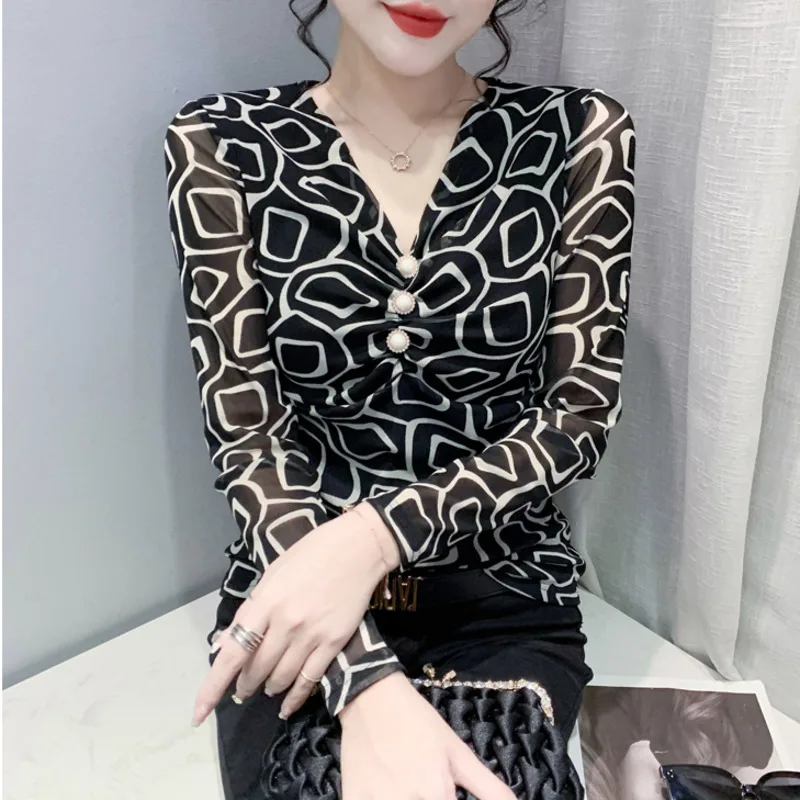 #8016 Black Print T Shirt Women V-neck Buttons Sexy Tight T Shirt Long Sleeve Thin Korean Style Slim Elastic Mesh T-shirt Retro