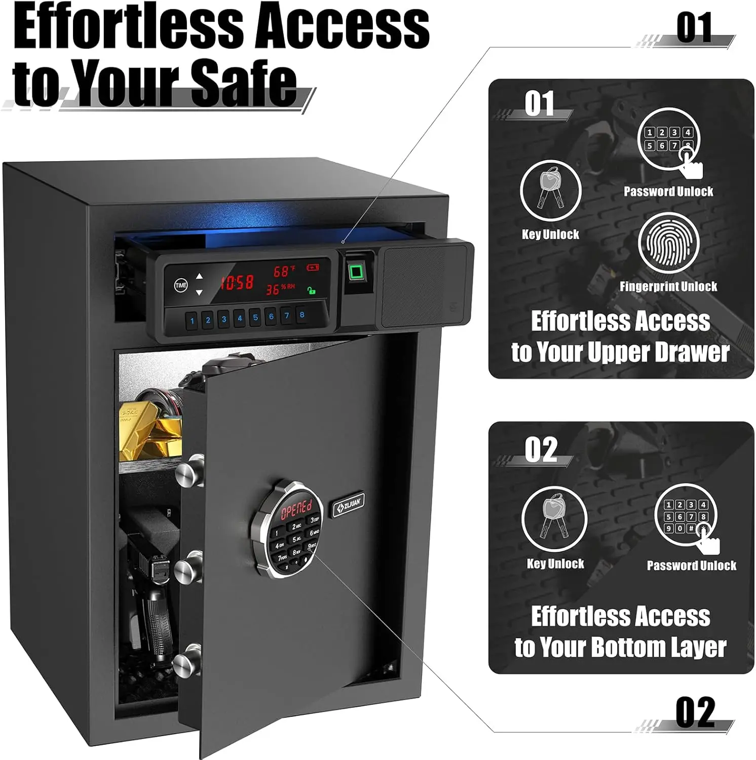 Slide-Away Pistol Handgun Quick Access Gun Drawer Safe with LCD Display of Temp,Humidity,Time,Low Battery Warning,Unlock State f