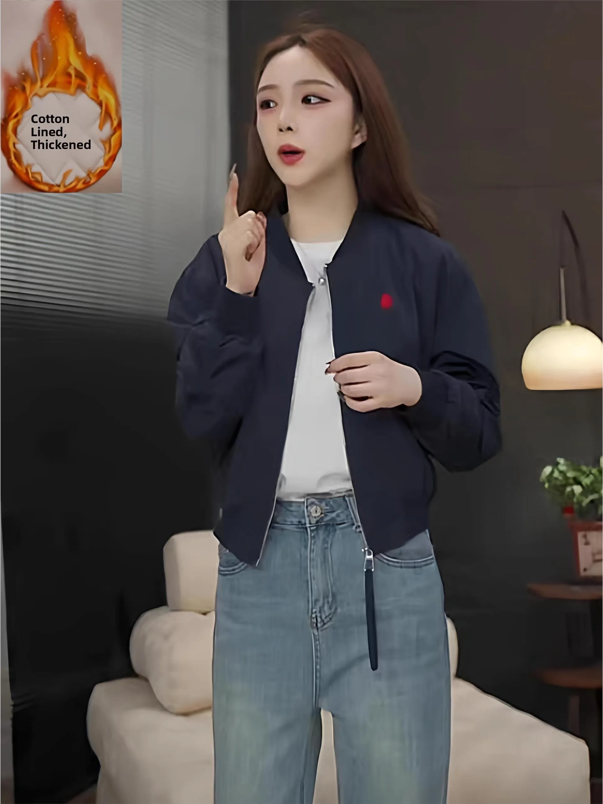 

Women's Short Embroidered Cotton Jacket Thickened Baseball Coat Casual Style Standard Fit Bright Surface Female Outerwear