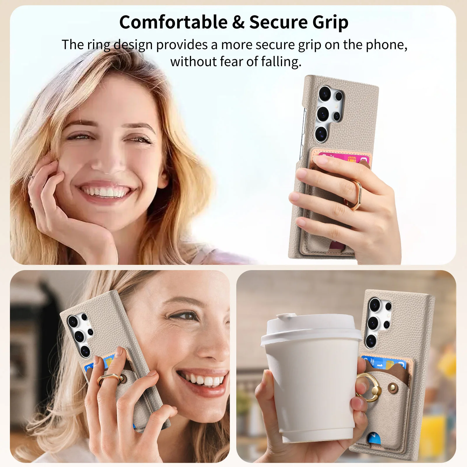

Card Holder Litchi Texture Moblie Phone Case for Samsung Galaxy S25 Ultra S24 Plus S23 Fe S22 S21 S22 Cute Bear Ring Stand Shell