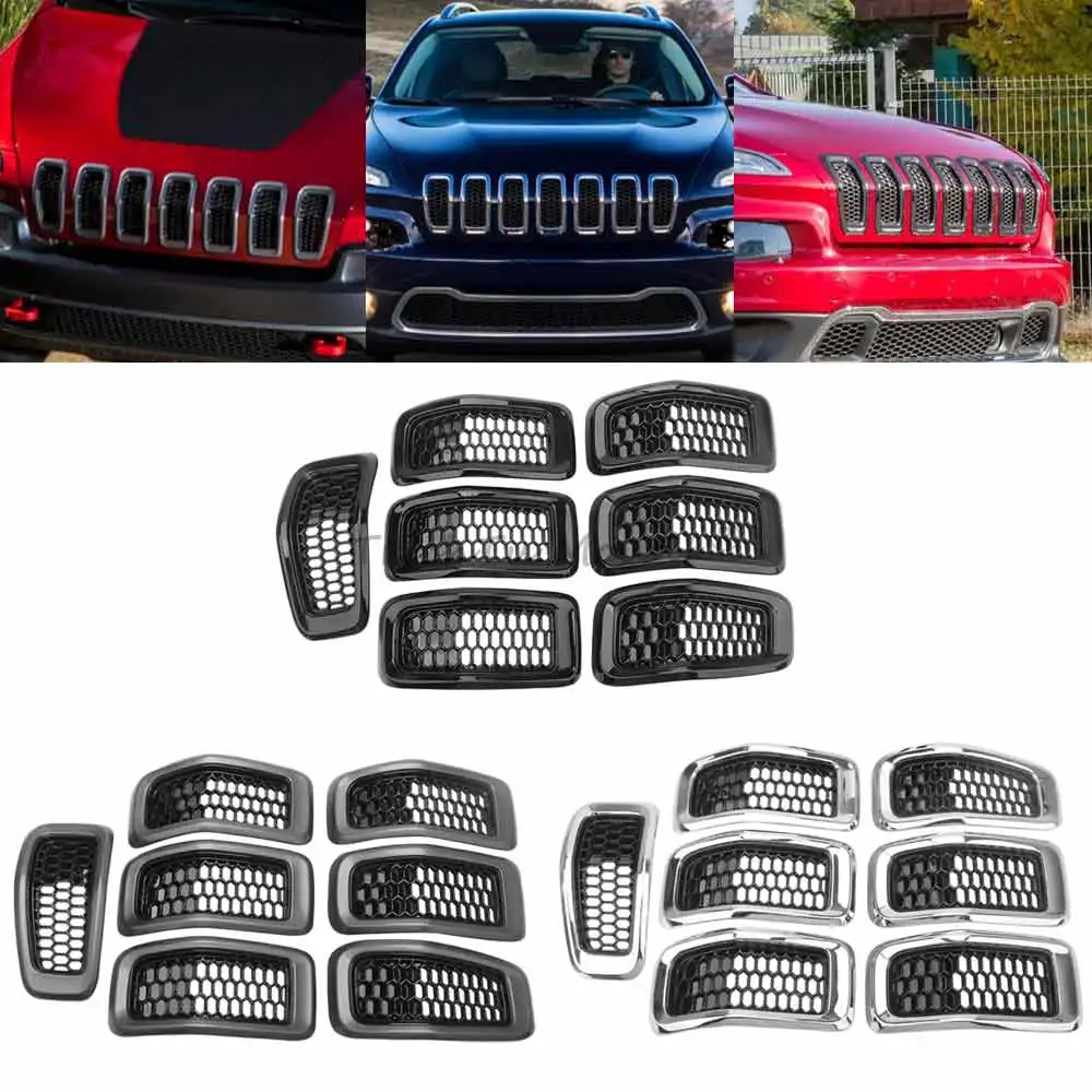 7 Pcs Honeycomb-Mesh Grill Compatible With Jeep Cherokee 2014-2018 High Quality Abs Plastic Gray Black/Glossy Black/Chrome Frame