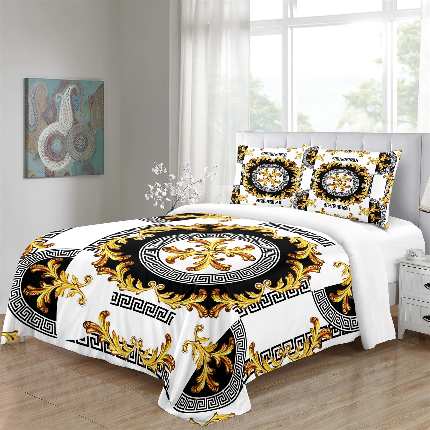 Gold and Black Brands Designer Modern Polyester 3PCS Bedding Sets Single Double Bed Duvet Cover Set and 2 pcs Pillow cover