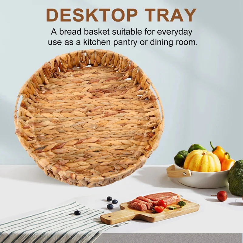 2Pcs Round Braided Tray Made of Seagrass Water Hyacinth Set 33cm + 28cm Diameter Fruit Bowl