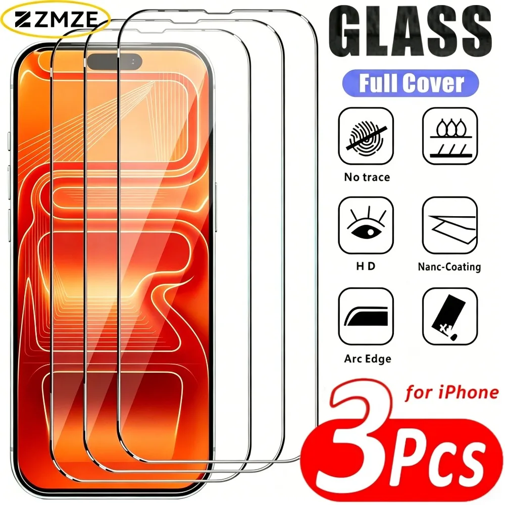 

3Pcs Tempered Glass for iPhone 17 16 15 14 Pro Max Air 17e 16e Screen Protector for iPhone 13 12 11 Pro 15 14 Plus Ultra Clear