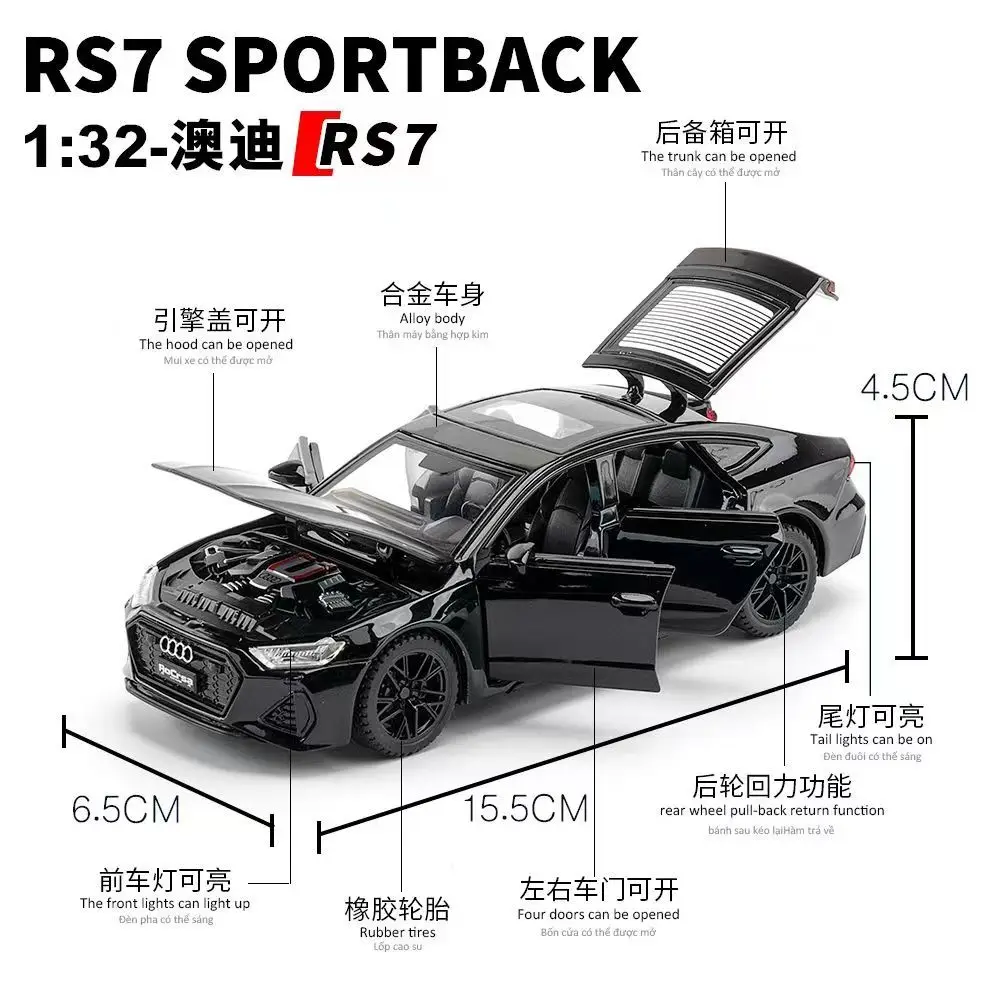 รถของเล่นโมเดล Audi RS7 Sportback อัลลอยด์ไดแคสต์ ขนาด 1:32 เปิดประตูได้ 6 บาน พร้อมระบบดึงหลัง ล้อทำจากยาง ของตกแต่ง ของเล่นรถยนต์ ของขวัญ