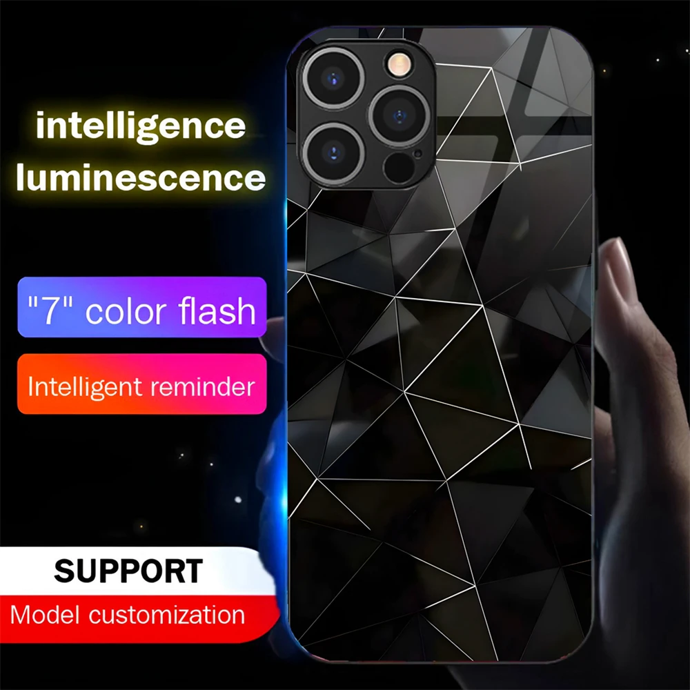 

Luxury Rhombus Smart Led Light Call Up Luminous Tempered Glass Phone Case For iPhone Air 17 16 E 15 14 13 12 11 Pro Max Plus