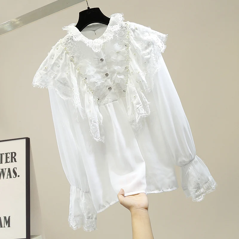 

Faionable Design Embellied Lace Insert Flared Sve Stand Collar Overlap Boting irt Korean Sle Long Sve Slim Fit