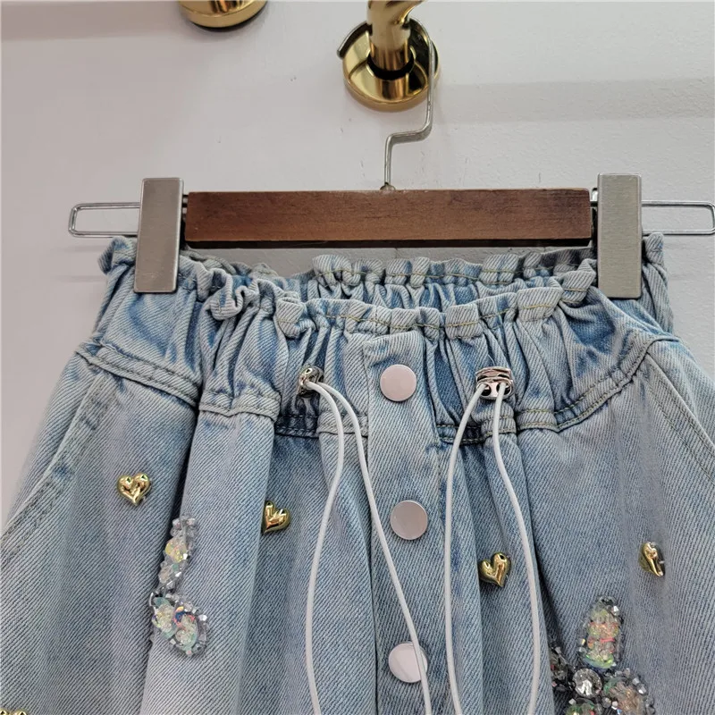 Street Style Hot Girl Wide Leg Shorts Women 2024 Summer New Fashion Rhinestone Beaded High Waist Denim Shorts Womens Shorts