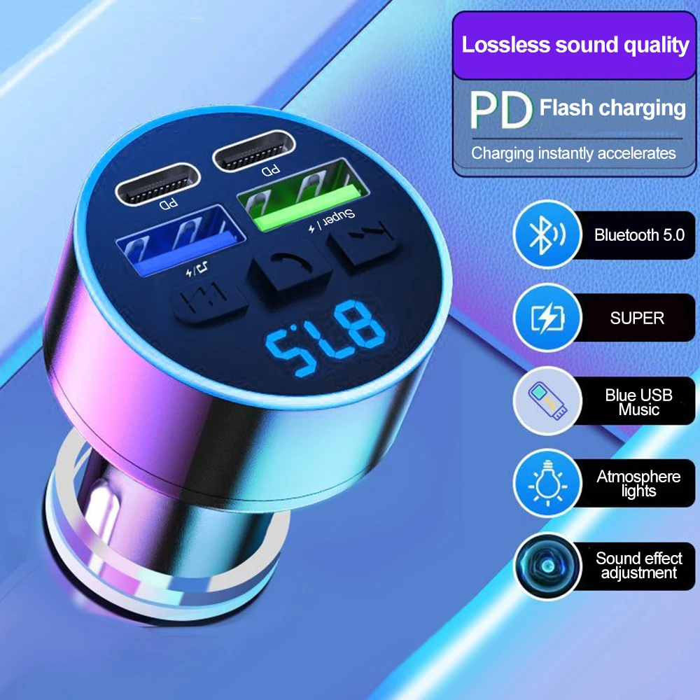 Bluetooth 5.0 FM-Transmitter Auto-Telefonladegerät MP3-Musikplayer Auto-USB-Zigarettenanzünder Multifunktionales Auto-Telefonladegerät