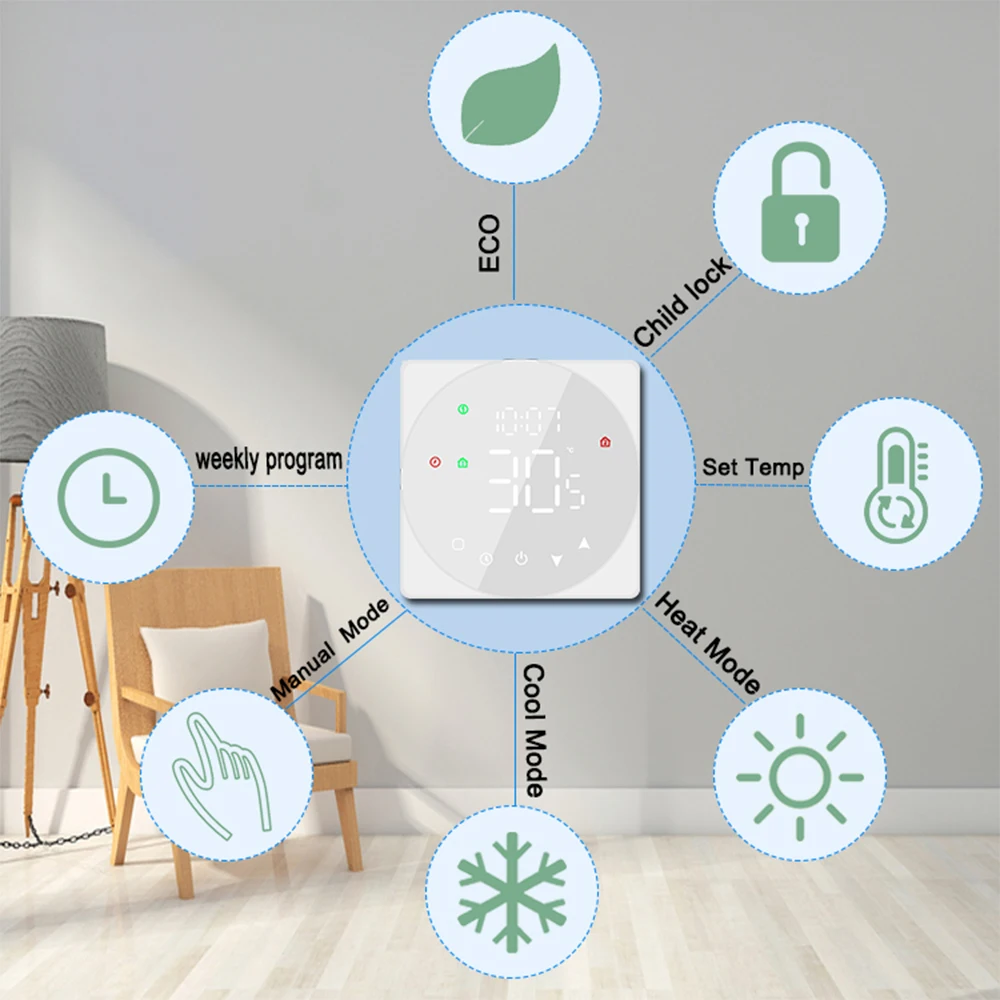 Tuya WiFi LCD Display Smart Temperature Controller 5A Touch Screen Water Heating Device Thermostat Weekly Programmable APP Remot