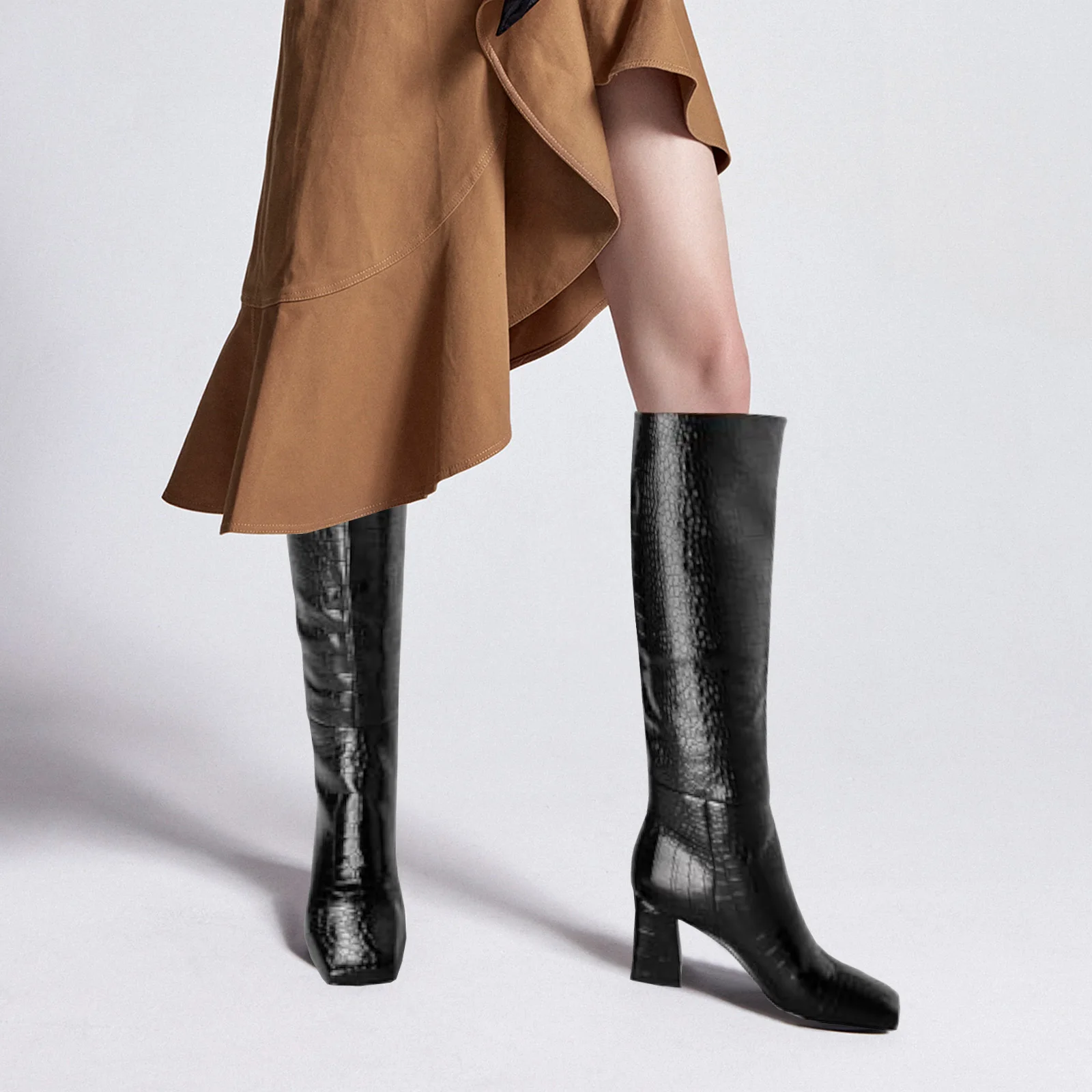 Women's Knee-High Boots: Chunky Square Toe Heel, Tall Faux Crocodile-Print GoGo Style. Block Heel and Riding Boot Design. Availa