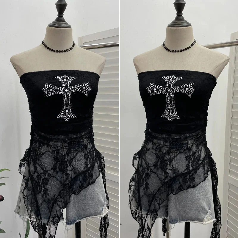 

Y2K Irregular Tops&Tees Women Strapless Lace Spicy Girl Street American Sexy Lace Strapless Cross Nail Bead One Size Top Tee New
