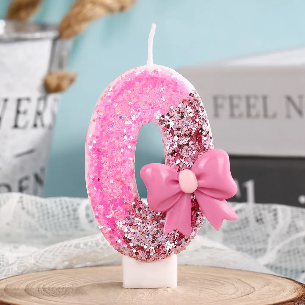 Decoraciones de cumpleaños 0-9, incluida velas digitales con lazo rosa para pasteles de cumpleaños de 0 a 9 años, decoraciones exquisitas en la parte superior del cak