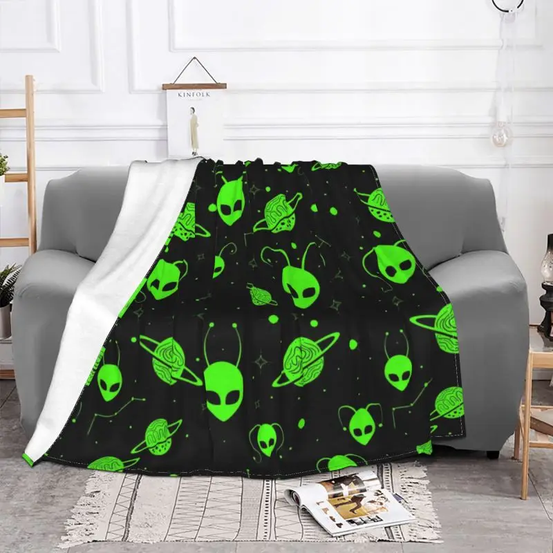 Wonderful Green Alien Universe Wondrous Cosmos With Planet And Stars Throw Blanket Flannel Blankets Couch Bedspreads