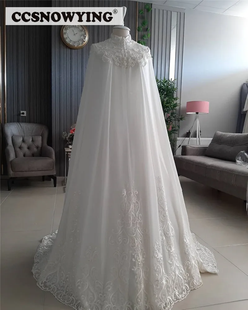 Chiffon Appliques Pearls Muslim Wedding Dress with Cape Long Sleeve Arabic Dubai Bride Gown High Neck Vestidos De Novia