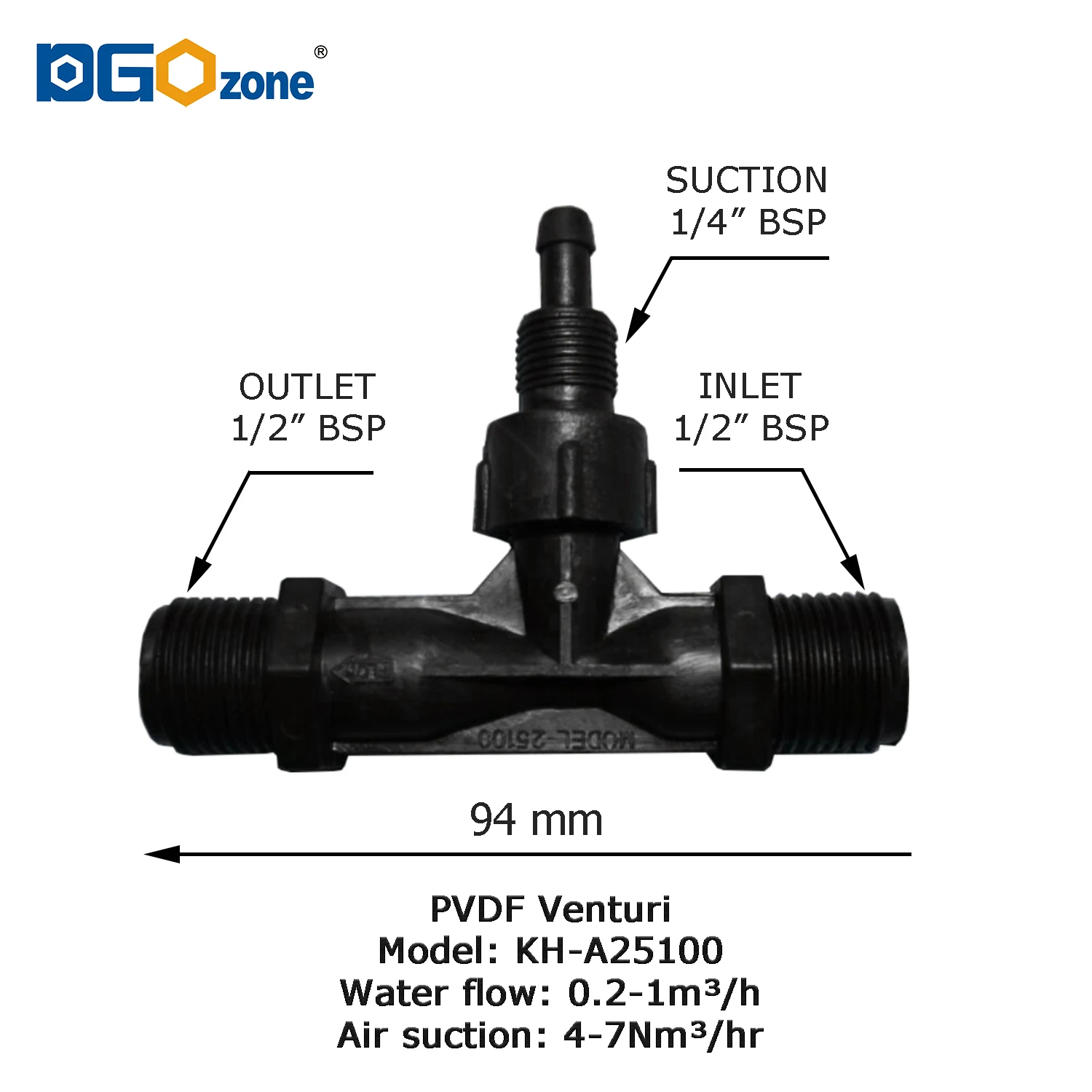 

Free Shipping 1/2" PVDF Venturi Injector for Mixing Gas and Liquid Ozone Venturi with Valve O3 proof BSP thread KH-A25100