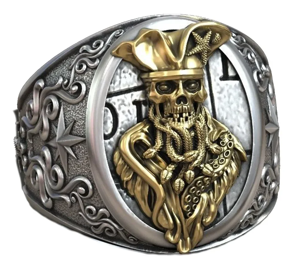 

35g 3D Big Ring Undead Pirate Snakes Wind Rose Anchor Art Relief Customized 925 Solid Sterling Silver Rings Many Sizes 8-13